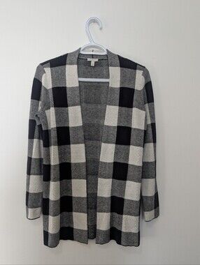 Talbots Black Cream Buffalo Plaid Open Front Knit Cardigan Sweater Preppy Chic P